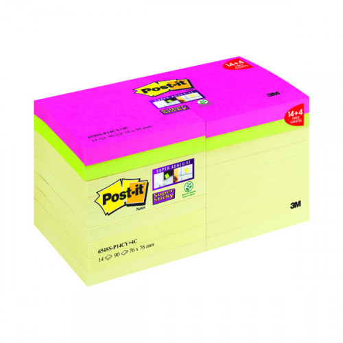 Post-it Super Sticky 76 x 76mm Canary Yel (Pack of 18) 654SS-P14CY+4C