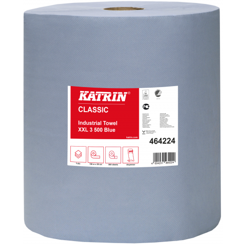 Katrin XXL 3 500 Wiper Rolls Blue 3Ply (38cm x 190M) (464224) per 2 rolls