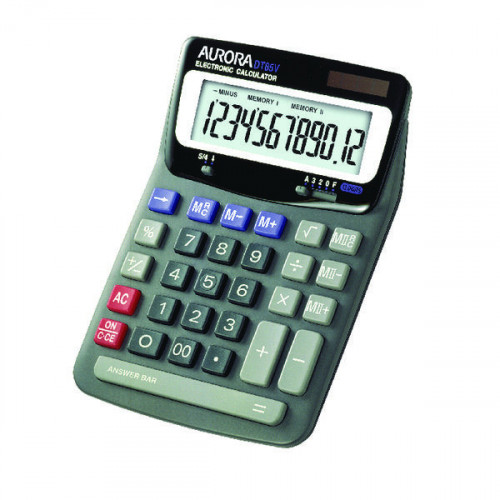 Aurora Grey/Black 12-Digit Desk Calculator (Dual power, solar powered with battery back up) DT85V