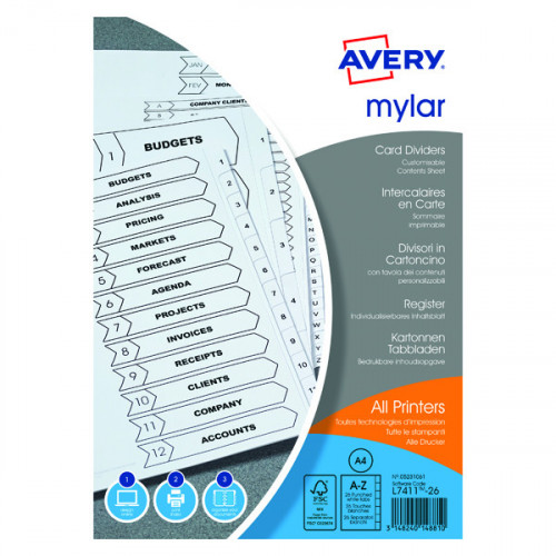 Avery Mylar 26-Part Alpha Divider A-Z A4 Bright White 05231061