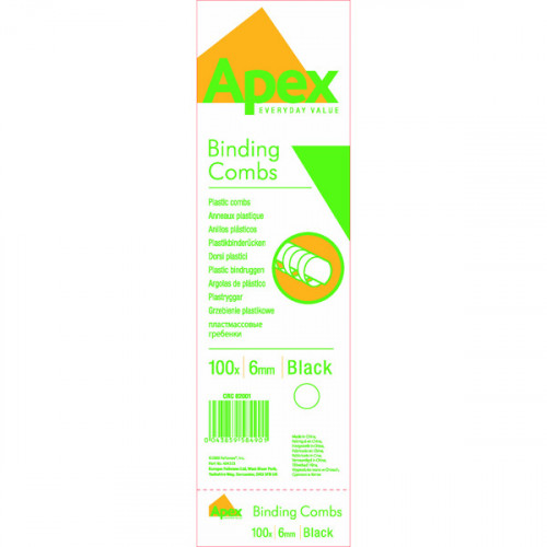 Fellowes Apex Plastic Binding Combs 6mm Black (Pack of 100) 6200102