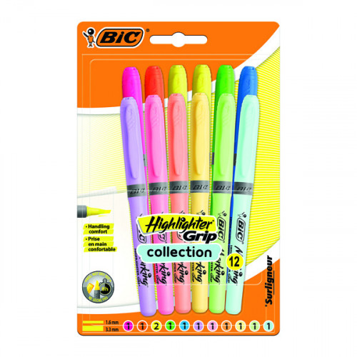 BIC HIGHLGHTR GRIP PASTEL ASTD PK12