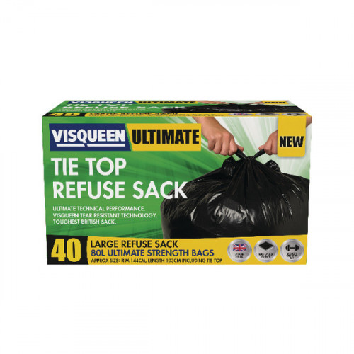 Visqueen Ultimate Tie Top Refuse Sack 80 Litre Black (Pack of 40) RS057769