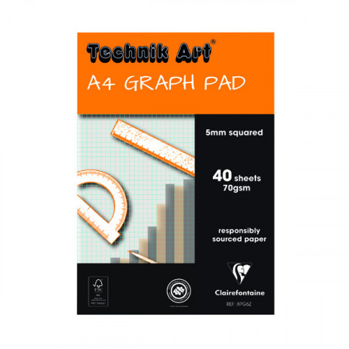 Clairefontaine Technik Art 5mm Quadrille Graph Pad A4 40 Leaf XPG6