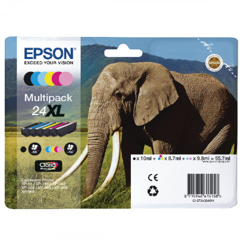 Epson 24XL 6-Colour Inkjet Cartridge High Yield Multipack (Pack of 6) C13T24384011