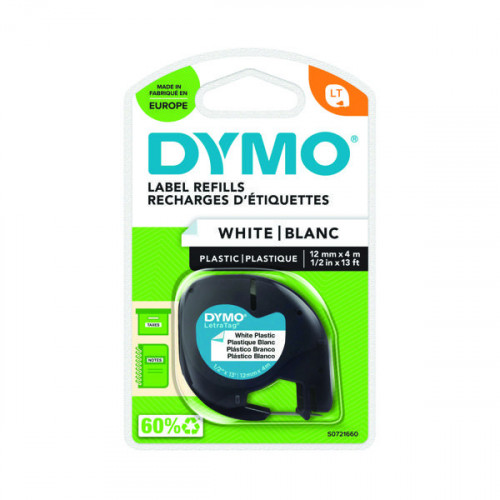 Dymo LetraTag Plastic Tape 12mm x 4m White PRL S0721660