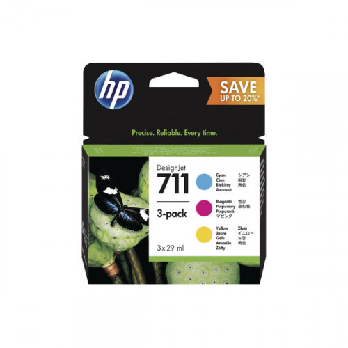 HP 711 Cyan Magenta Yellow DesignJet Ink Cartridge 80ml (Pack of 3) P2V32A