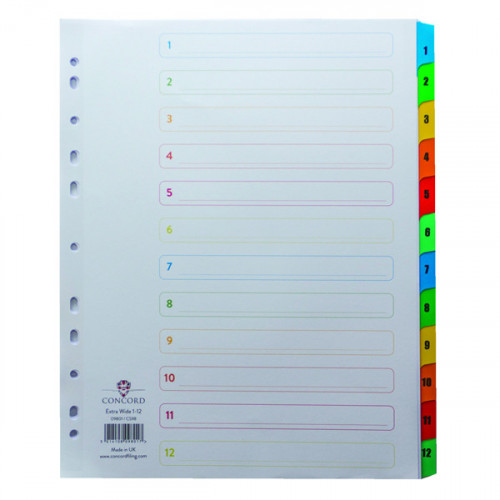 Concord Index 1-12 A4 Extra Wide Multicoloured Mylar Tabs 09801/CS98