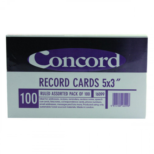 Concord Record Card Ruled 127 x 76mm Assorted (Pack of 100) 16099/160