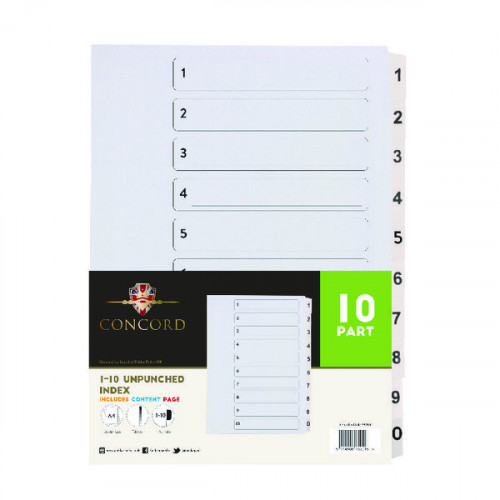 Concord Unpunched Index 1-10 A4 160gsm White (Pack of 10) 75201