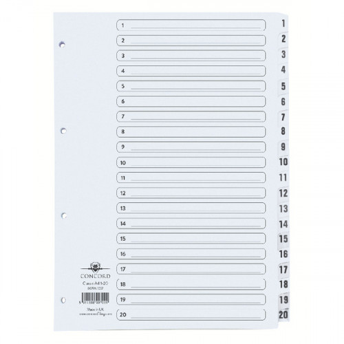 Concord Classic Index 1-20 A4 White Board Clear Mylar Tabs 00701/CS7