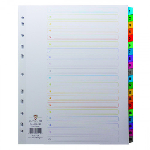 Concord Index 1-20 A4 Extra Wide Multicoloured Mylar Tabs 09901/CS99