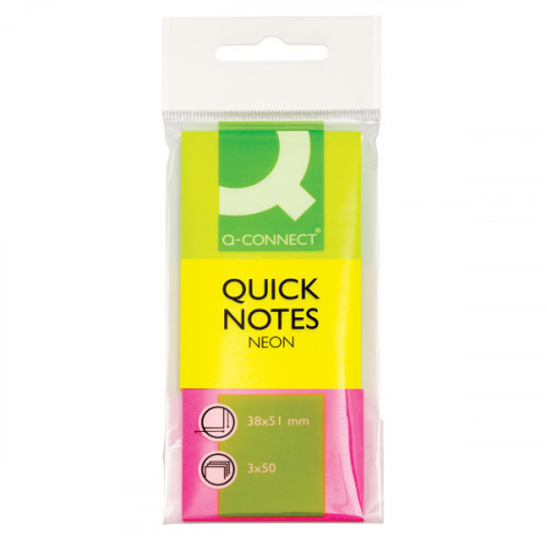 Q-CONNECT NEON QUICKNOTE 38X51MM PK3