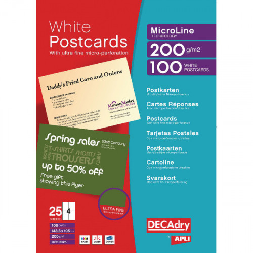 Decadry Postcards A4 Micro-perforated Sheet White (Pack of 100) OCB3325