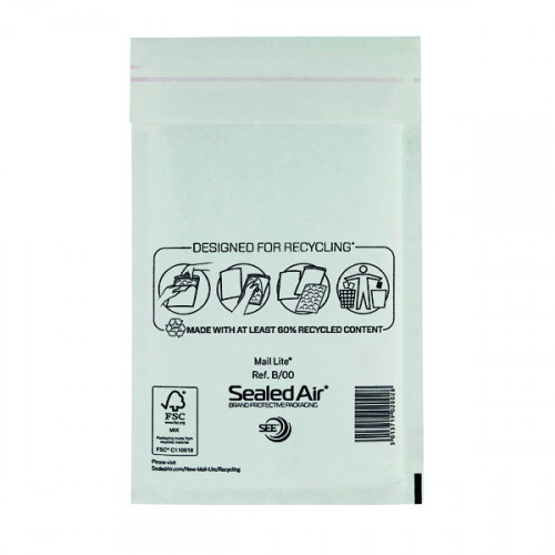 Mail Lite Bubble Lined Postal Bag Size B/00 120x210mm White (Pack of 100) MLW B/00