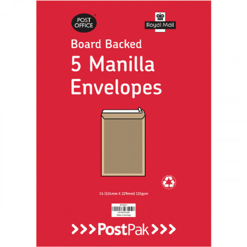 Envelopes C4 Peel & Seal Manilla 115Gsm Board Back (Pack of 5) POF27420