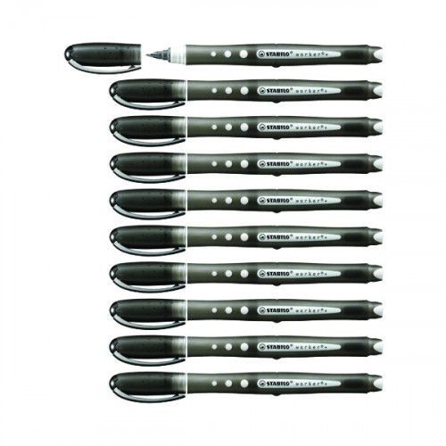 Stabilo Worker+ Colorful Rollerball Pen Fine Black (Pack of 10) 2019/46
