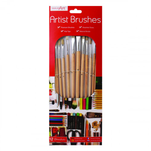 Work of Art Natural Bristle Artist Brushes Flat Tip (Pack of 12) TAL06717
