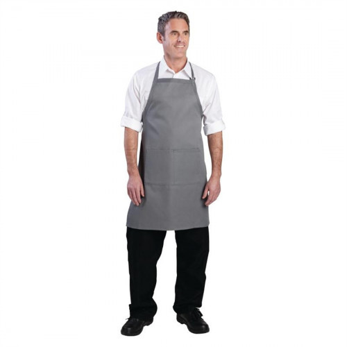 Chef Works Adjustable Neck Bib Apron with Pockets Grey
