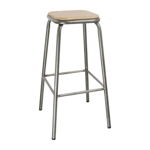 Bolero Galvanised High Stool with Wooden Seatpad (Pack 4)