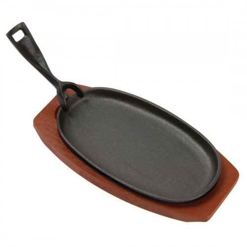 Vogue Cast Iron Sizzler & Wooden Stand - 9.5x5.5"