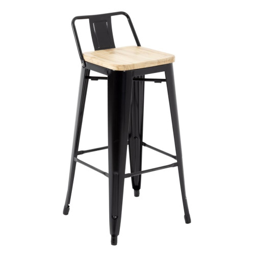 Bolero Bistro High Stool with Backrest Black & Wooden Seat Pad (Pack 4)
