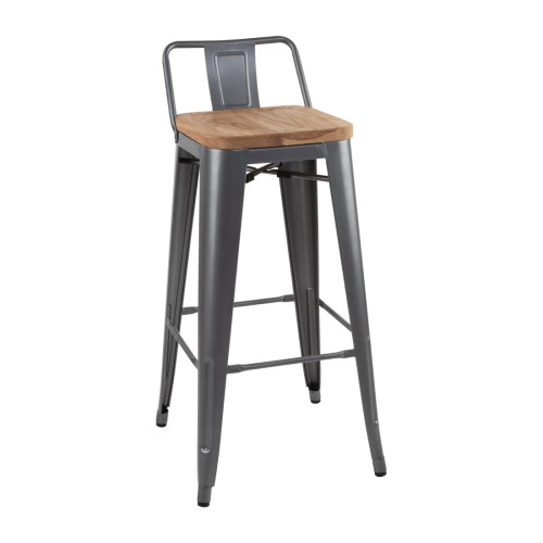 Bolero Bistro High Stool with Backrest Gun Metal & Wooden Seat Pad (Pack 4)