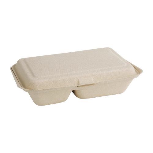 Fiesta Green 2-Compartment Hinged Bagasse Container Nat Colour 9x6" (Pack 200)