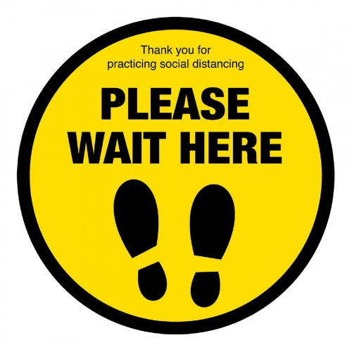 Please Wait Here with Symbol Social Distancing Floor Graphic - 200mm