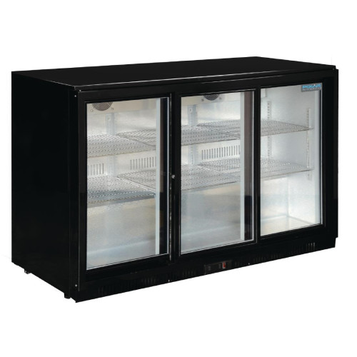 Polar Triple Sliding Door Back Bar Cooler in Black with LED Lighting