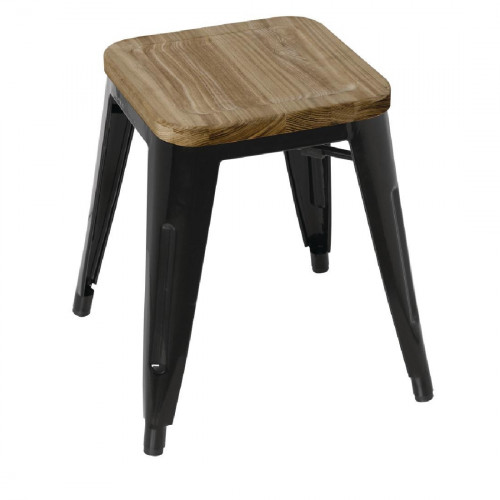 Bolero Steel Bistro Low Stool with Wooden Seatpad Black (Pack 4)
