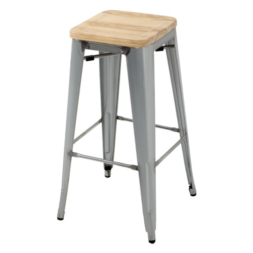 Bolero Steel Bistro High Stool with Wooden Seatpad Galvanised (Pack 4)