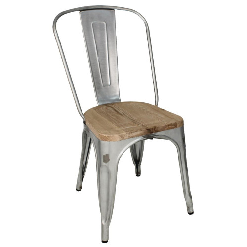 Bolero Steel Dining Side Chair with Wooden Seatpad Galvanised (Pack 4)