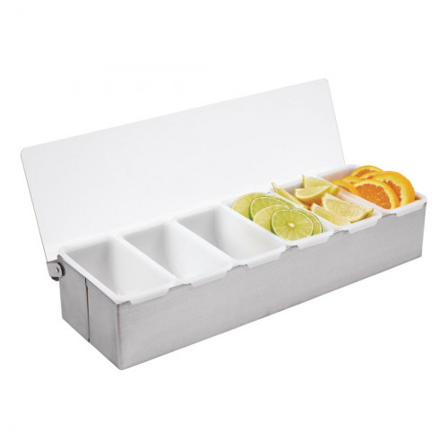 CONDIMENT / S/steel condiment dispenser - 6 plastic removable compartments - 17" x 5" x 3" approx