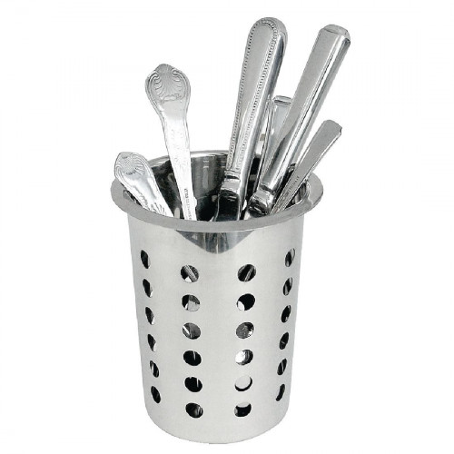 CUTLERY/ S/STEEL CUTLERY HOLDER/DRAINER - BEAKER WITH HOLES- APPROX 5"DIAM X 7" TALL