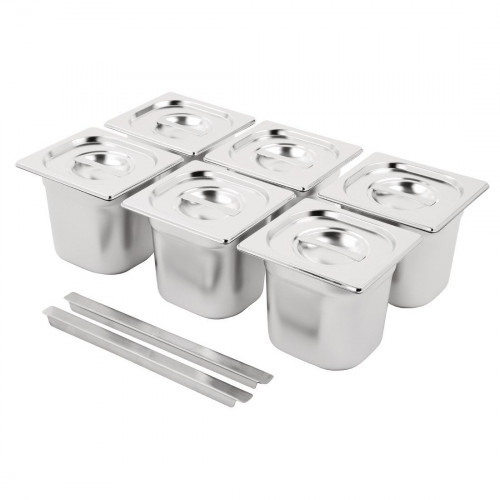 Vogue St/St GN Set - 6 x 1/6 with Lids 150mm (inc. 2 x Adapt Bar - 325x25mm)