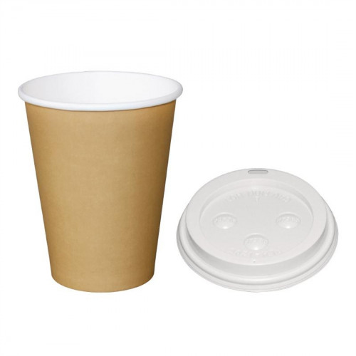 Fiesta Hot Cups Single Wall Kraft with White Lid - 340ml (12oz) (Box 1000)
