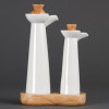Olympia Whiteware Vinegar & Oil bottle set with wooden base & stoppers (Box 1)